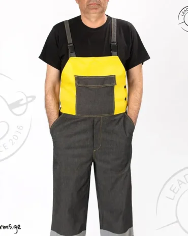 ჯინსის სამუშაო კომბინეზონი ყვითელი აქცენტებით სრული ხედი