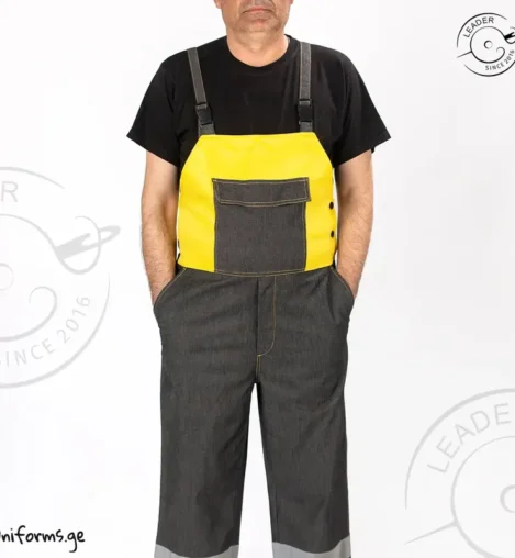 ჯინსის სამუშაო კომბინეზონი ყვითელი აქცენტებით სრული ხედი