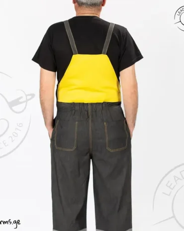 ჯინსის სამუშაო კომბინეზონი ყვითელი აქცენტებით უკანა ხედი