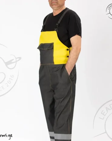 ჯინსის სამუშაო კომბინეზონი ყვითელი აქცენტებით წინა ხედი