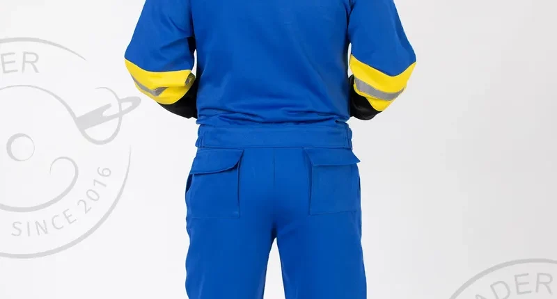 ლურჯი ამრეკლავი სამუშაო კომბინიზონი უკანა ხედი