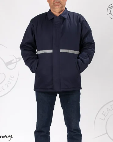 მუქი ლურჯი სამუშაო ქურთუკი ამრეკლავი ზოლით სრული ხედი