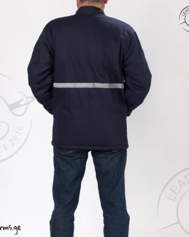 მუქი ლურჯი სამუშაო ქურთუკი ამრეკლავი ზოლით უკანა ხედი