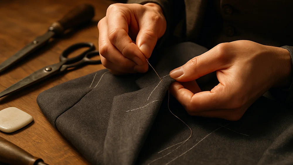 მკერავის ხელები კოსტუმის საყელოს კერვისას