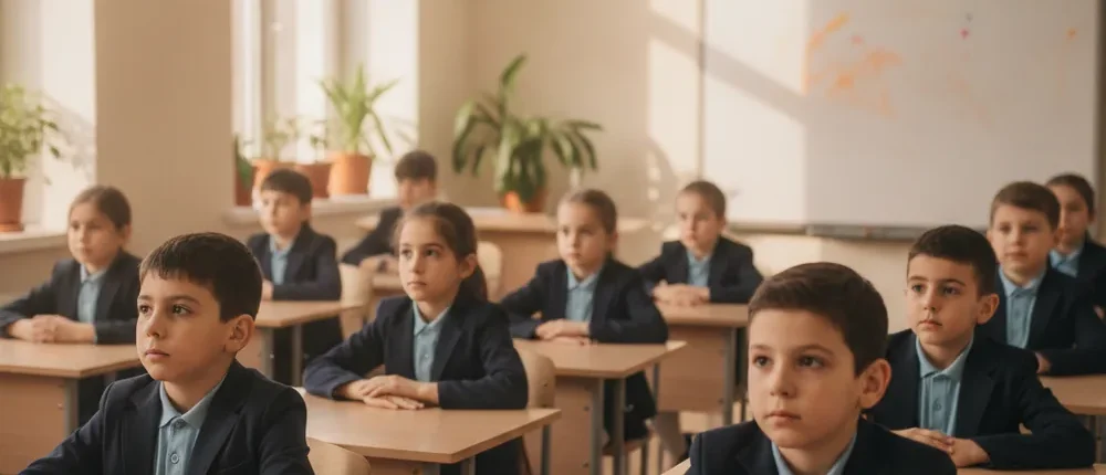 სასკოლო ფორმაში გამოწყობილი მოსწავლეები კლასში გაკვეთილზე
